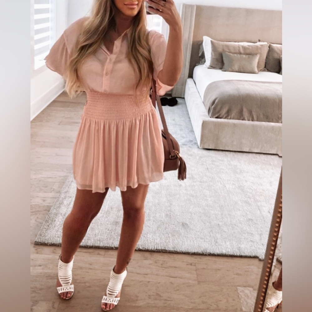 Sage Smocked Waist Blouson Shirt Dress- Blush Pink